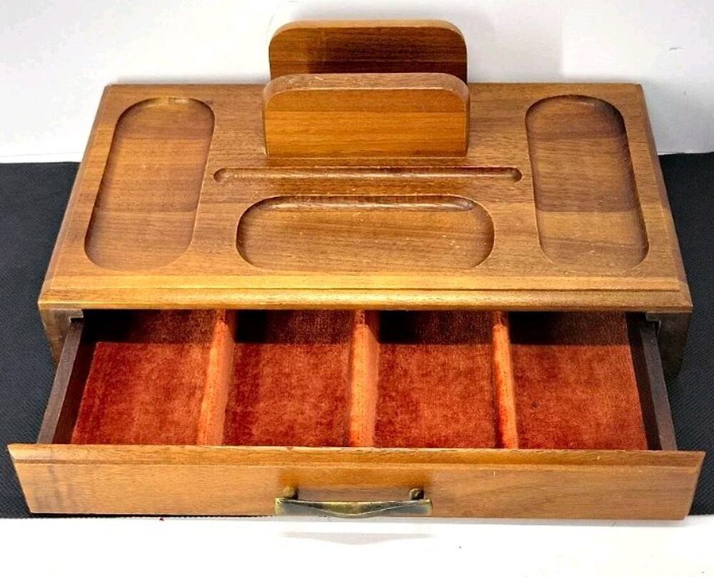 Vintage Wood Desk Valet Organizer Felt Lined Drawer Letter Pen Holder MCM Style